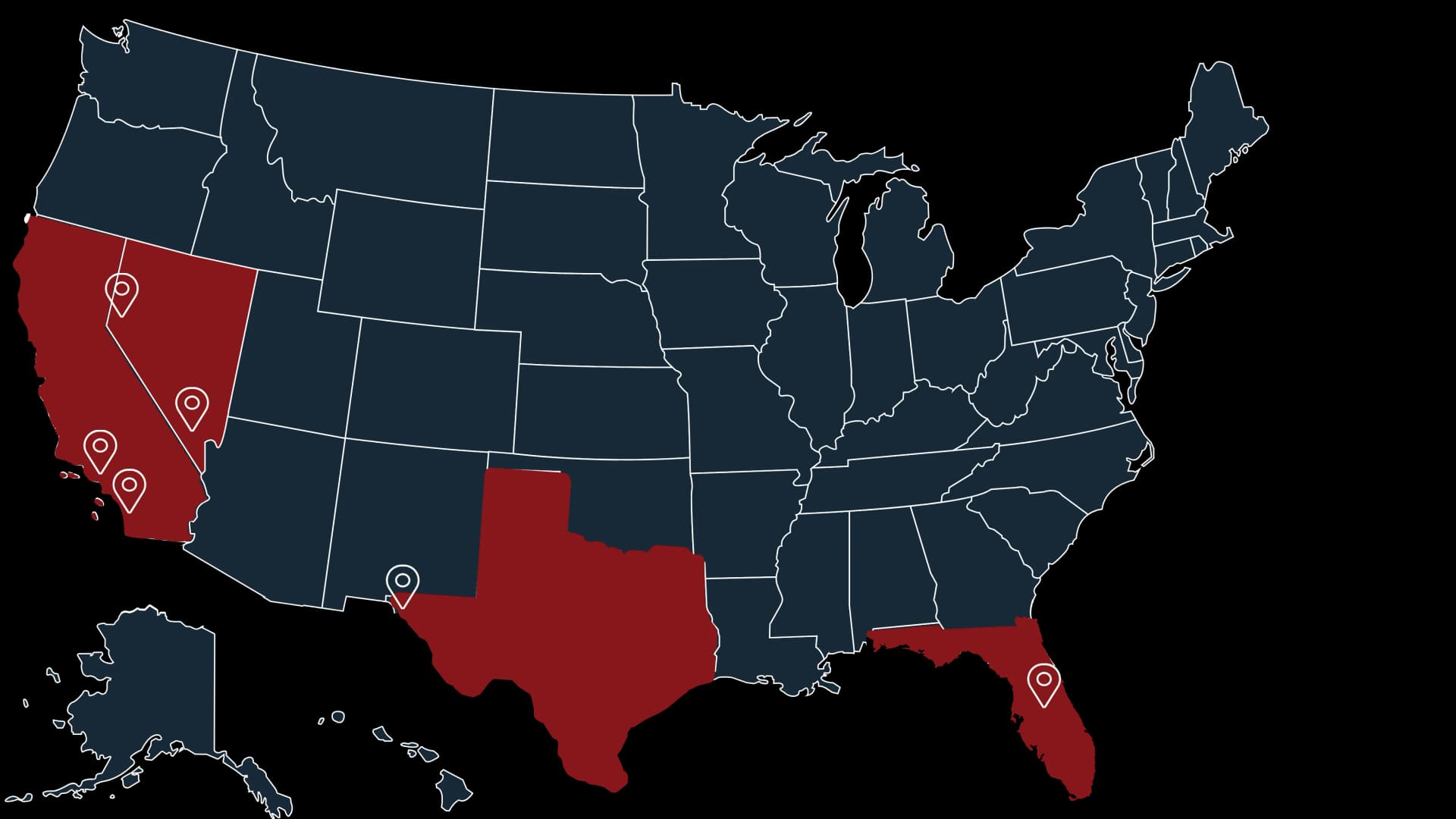 Map of the United States highlighting California, Nevada, Texas, and Florida