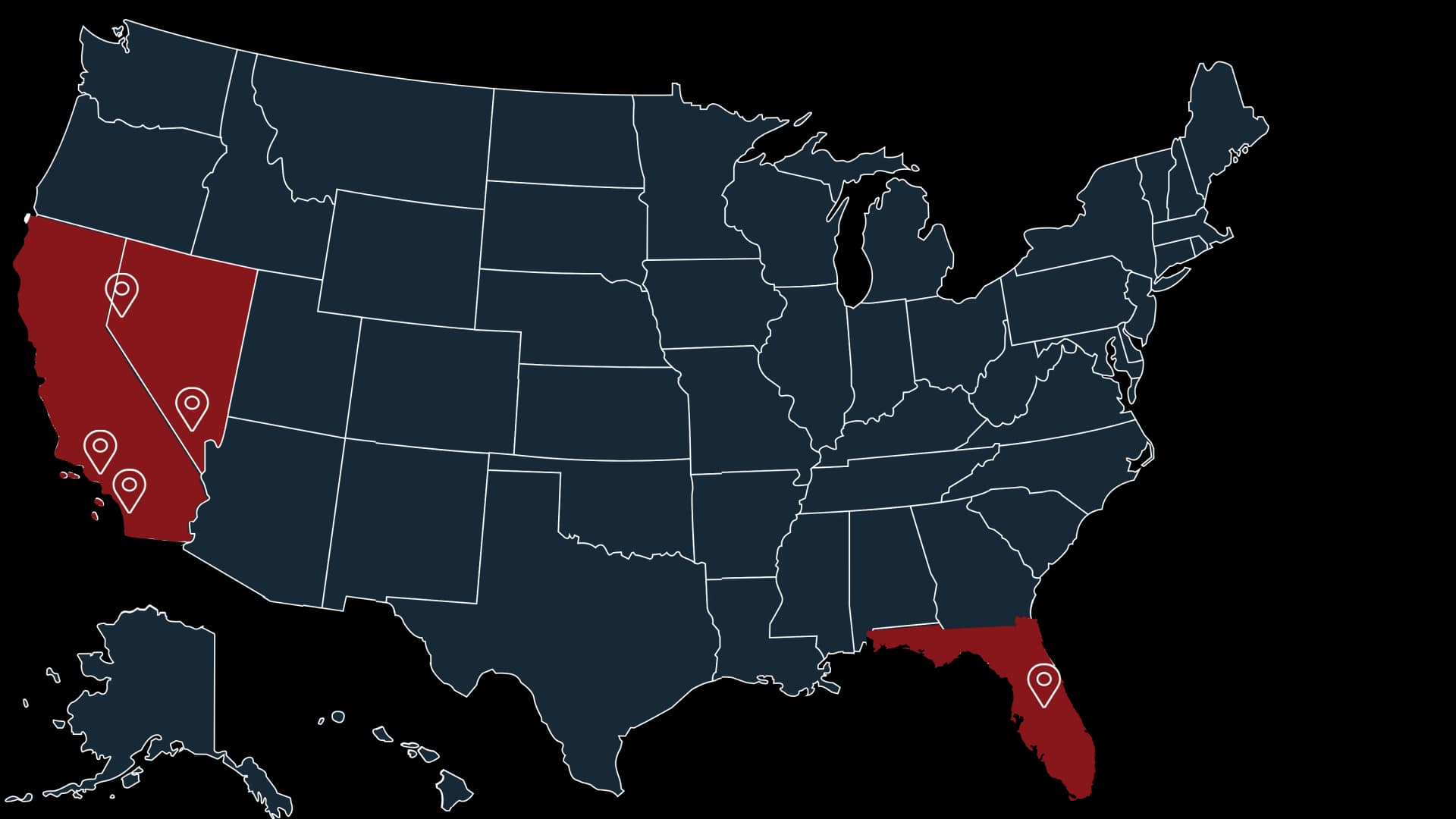 Map of the United States highlighting California, Nevada, and Florida